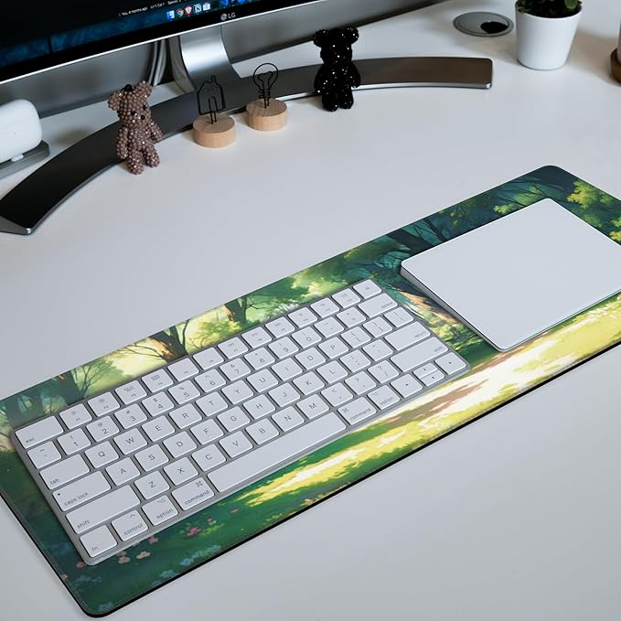 Anime Woodland Forest Mouse Pad Desk Mat XL Large Gaming Mousepad Extended Computer Keyboard Mat with Non-Slip Rubber Base and Stitched Edge 11.8 x 31.5 Inch for Gaming and Office Work