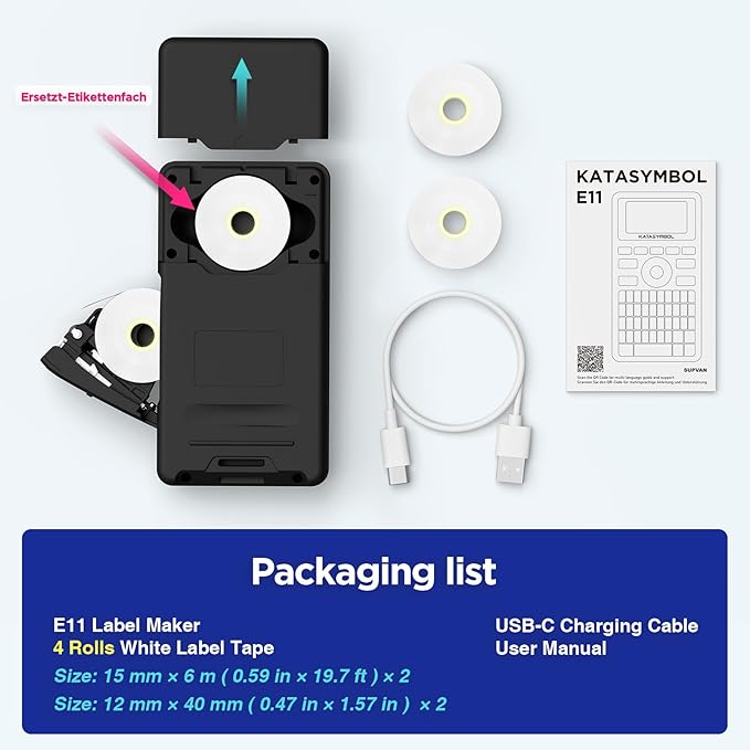 SUPVAN E11 Bluetooth Label Maker Machine with 4 Tapes, Support Keyboard & App with 40 Fonts and 450+ Icons, Rechargeable Inkless Labeler for Home, Kitchen, Office, School, Organization, Black