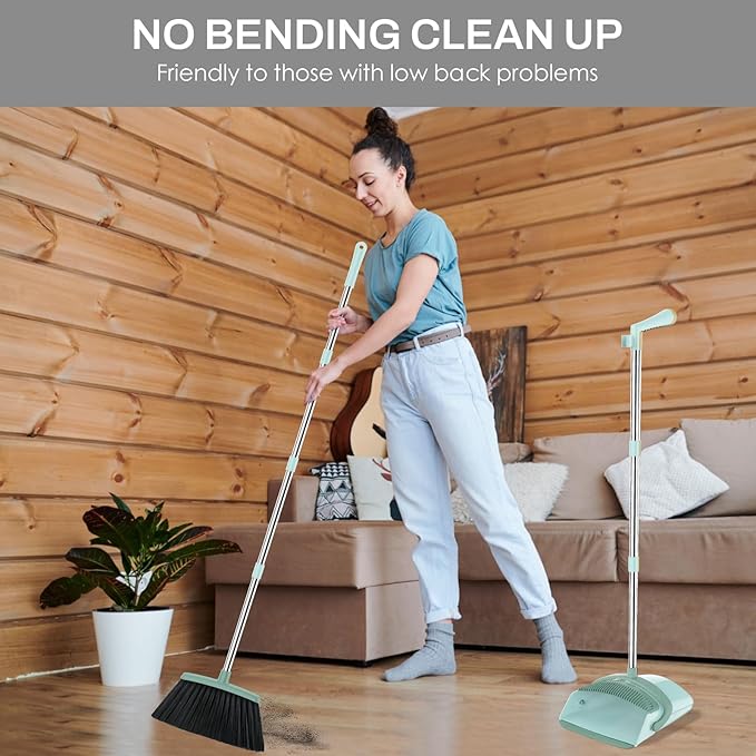 EZKEY Broom and Dustpan Set for Home, 51-in Long Adjustable Handle Angle Broom and Dustpan Combo Set with Dust Pan Teeth to Clean Hair for Home Kitchen Office Lobby Floor Garden, Green