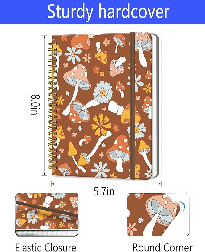 Spiral Journal Notebook, A5 Cute Notebooks for Women Men, College Ruled Hardcover Notebook for Work & Note Taking, 60 Pages Double-Wire Journals for Writing, Retro Cute Boho Mushrooms