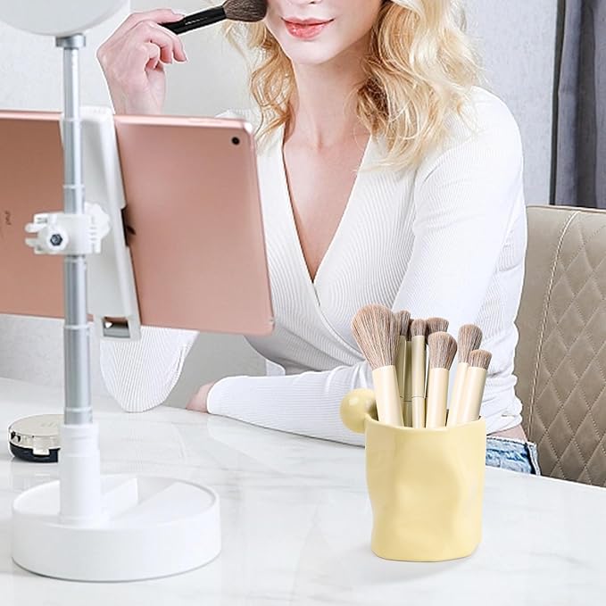 Ceramic Pen Holder for Desk, Pencil Holder Stand, Pencil Cup Pot, Irregular Shape Desktop Organizer for Office, Home, School - Yellow