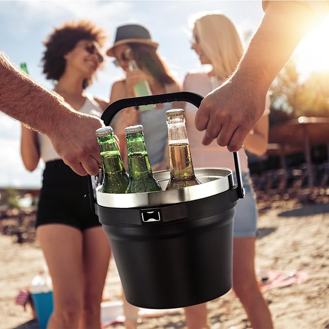 COKTIK 7L Insulated Ice Bucket with Lid,Double Wall Vacuum Stainless Steel Beverage Bucket Keeps Frozen Longer,Holds 6 Longnecks or 3 Bottles of Wine,for Cocktail, Champagne, Large Parties(Black)