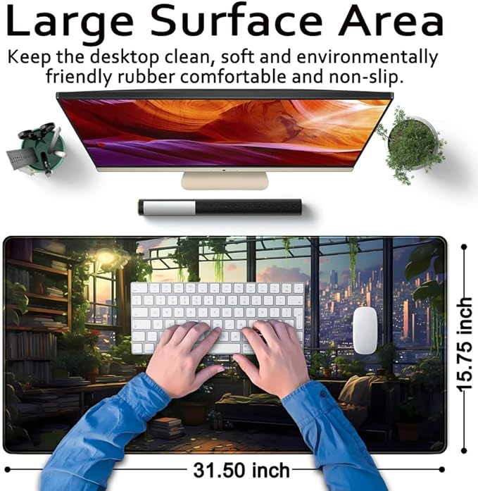 City Skyline Botanical Green Floral Desk Mat Study View from The Window Cute Office Decor Extra Large Mouse Pad Cute Desk Essentials Big Mouse Pad for Desk Pad Accessories Computer Mat 31.5x15.7 in