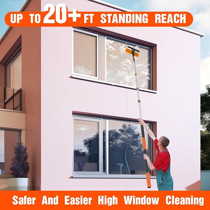 LAANPOLE 26FT Window Squeegee with Extension Pole, 2-in-1 Squeegee for Window Cleaning, Professional Cleaning Kit for Home with 20FT Telescoping Pole for Outdoor Indoor Use
