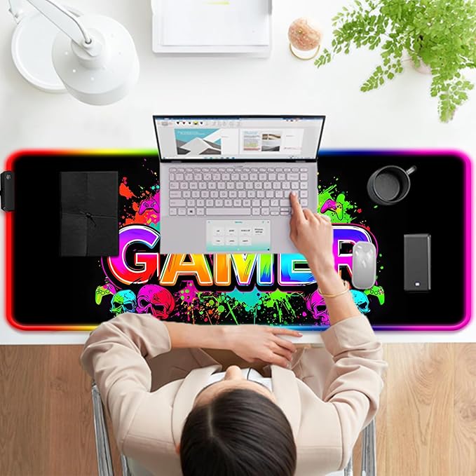 RGB Retro Black Gamer Gaming Desk Mat, Computer Keyboard Large Extended Long LED Mouse Pad for Office and Home, XL (W21)