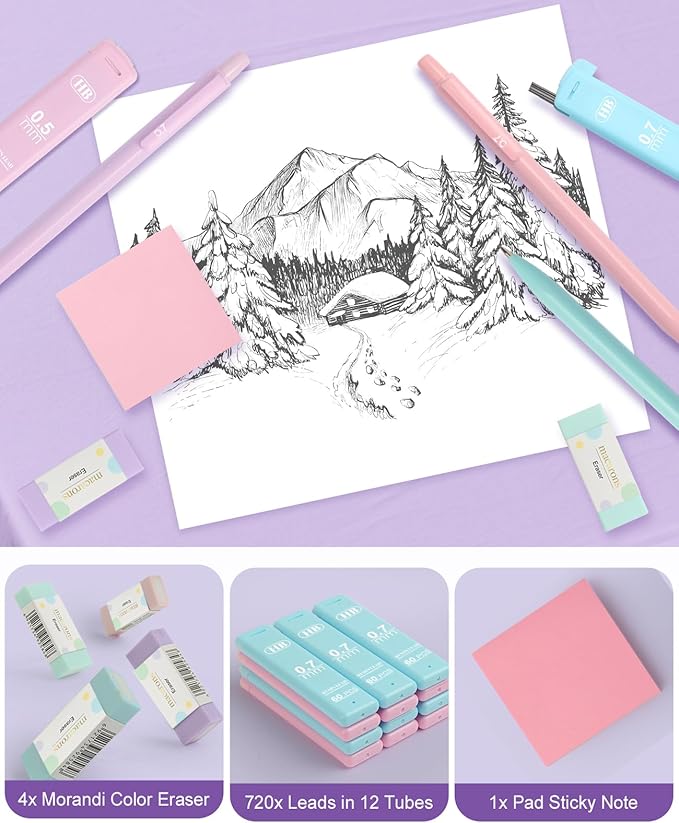 Mechanical Pencil Set with Cute Pencil Case, 12x Pastel Mechanical Pencils 0.5 & 0.7mm with 720x HB Leads, 4x Erasers and 1x Sticky Note, Suitable for Writing, Drafting Drawing Sketching(blue)