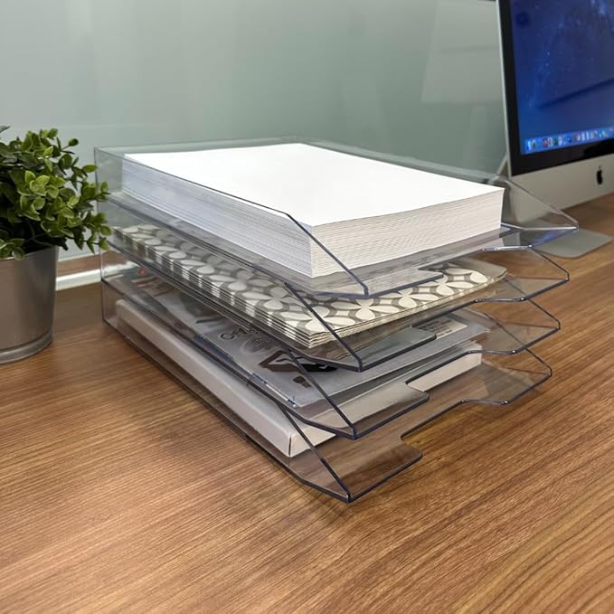 Acrimet Stackable Letter Tray, 4 Tier Front Load Desktop File Organizer, A4 Letter Size, Plastic, Clear Crystal