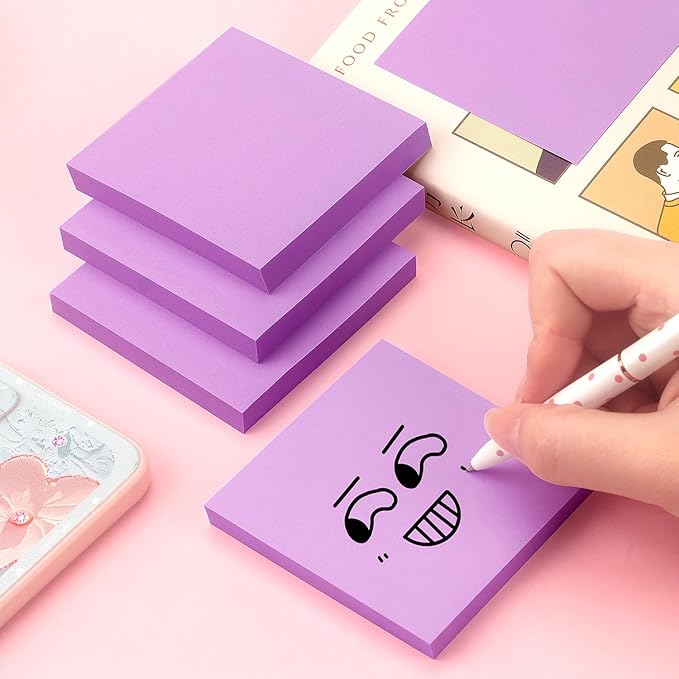 Sticky Notes 3x3 Pop Up Self-Stick Notes Pads with Bright Colors, Easy to Post for Office, School, Home, 4 Pads/Pack, 90 Sheets/Pad (Purple)