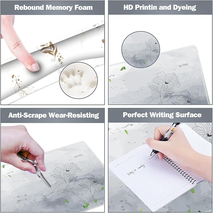 ARTSO Gaming Mouse Pad Wrist Support Set, XXL Large Desk Mat Mousepad + Keyboard Wrist Support+ Mouse Wrist Rest+Coaster 4in1 Ergonomic, Memory Foam -Green Leaves and Line Flower