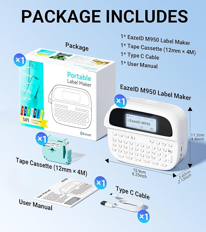 M950 Label Maker, Rechargeable Label Maker Machine with Labels-Waterproof, Bluetooth Labeler Portable, QWERTY Keyboard & Backlit LCD Screen for Home Office School