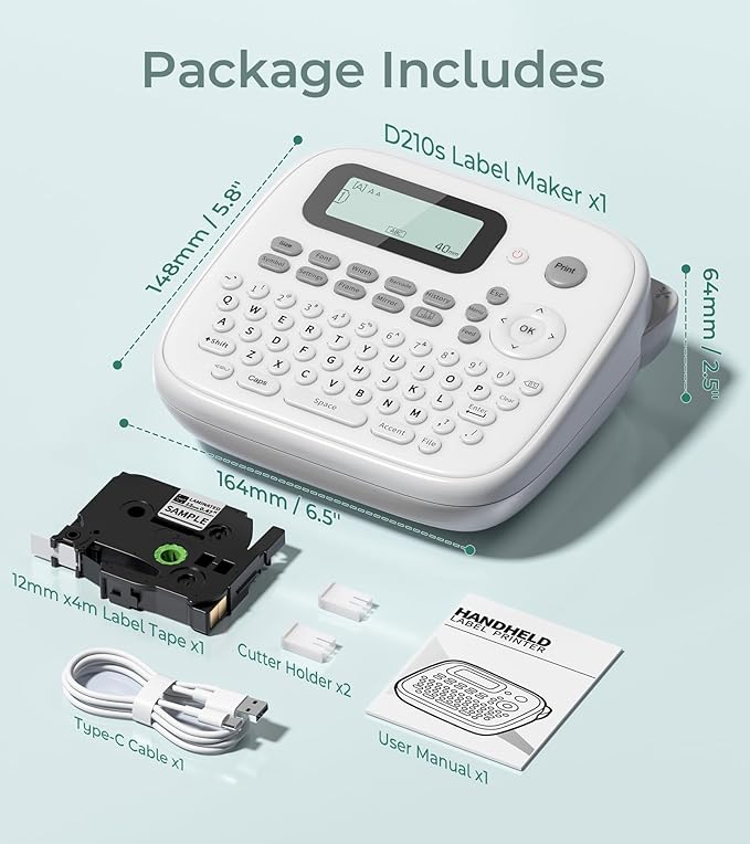 D210s Label Maker Waterproof-Labels, Label Machine with-Tape Laminated 12mm 0.47 White, Portable Labeling Maker with Keyboard & One-Touch-Keys, for Home Kitchen Office School Organization
