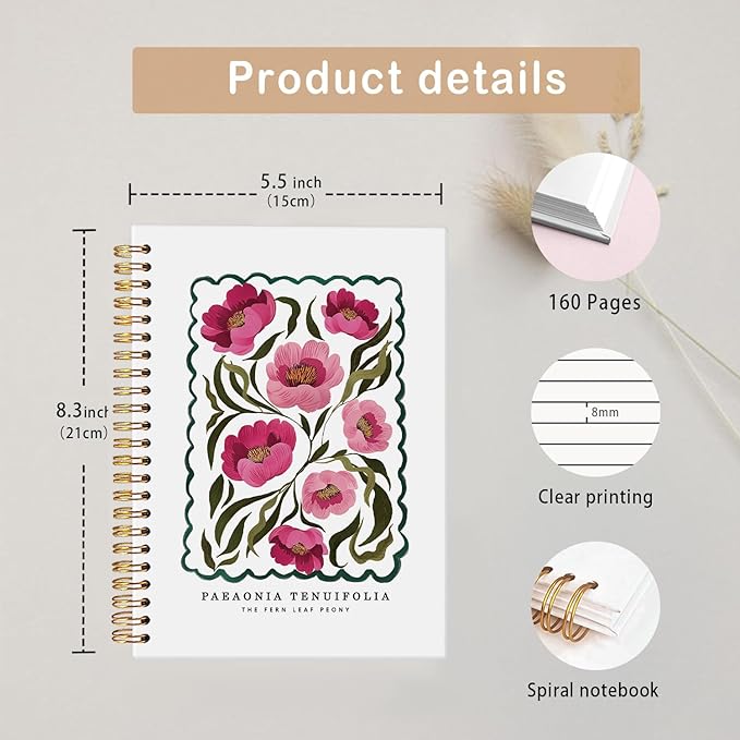 MOFUYU Flower Notebook,Plant Hardcover Spiral Notebook,Journal for Women,Rustic Spring Floral Cottagecore Notebook Journal for Work Office School Student Teacher. 5.5x8.3 Inch