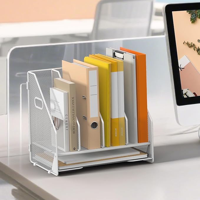 Desk File Folder Holder Organizer-4 Vertical Compartments Racks and Paper Letter Tray,Mesh Magazine File Holder Sorter,Desktop Accessories & Workspace Organizers for Home,Office,School-White