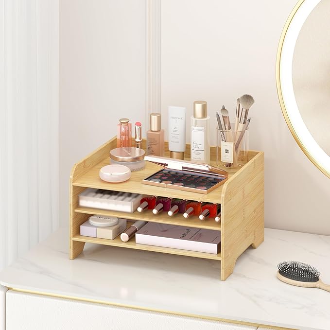 Bamboo Desk Organizer Mail Holder Countertop Letter Tray File Organizer for Desk Letter Sorter Paper File Storage for School Home Office Supplies