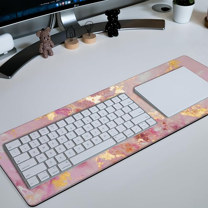 Pink and Gold Abstract Mouse Pad Desk Mat XL Large Gaming Mousepad Extended Computer Keyboard Mat with Non-Slip Rubber Base and Stitched Edge 11.8 x 31.5 Inch for Gaming and Office Work