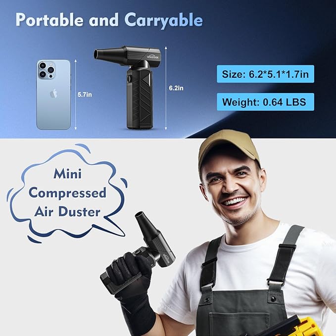 WHATOOK Compressed Air Duster: 180000RPM Air Blower with Stepless Speed Regulation Mode, Electric Air Duster with Brushless Motor, Air Duster for Keyboard, Computer, Car and Home Cleaning(Black)