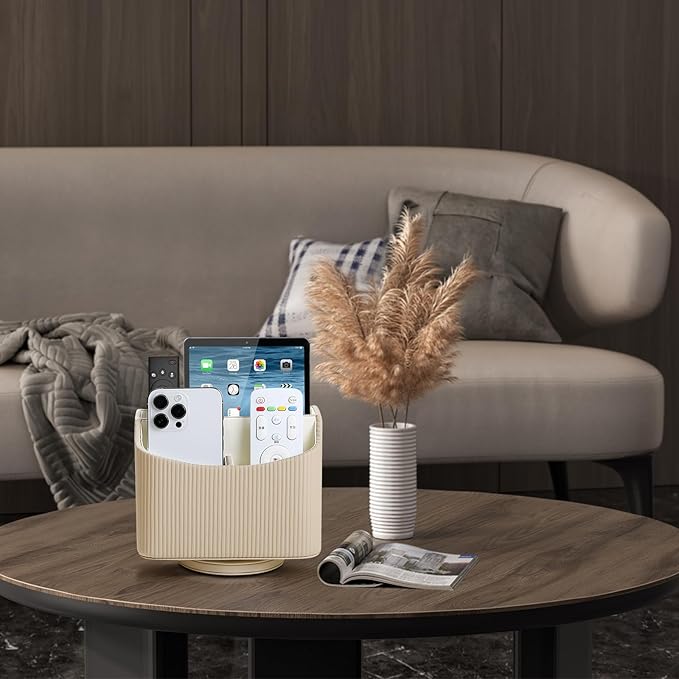 PU Leather Remote Control Holder, 360 Degree Rotating Desk Organizer Storage Table Remote Caddy, Spinning Bedside Organizer Nightstand Organizer for Desktop Office Home (Beige)