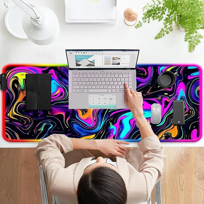 RGB Abstract Colorful Marble Swirl Fluid Gaming Desk Mat, Computer Keyboard Large Extended Long LED Mouse Pad for Office and Home, XL (W22)