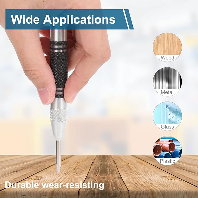 2Pcs Heavy Duty Automatic Center Punch, 5'' Premium Steel Spring Loaded Center Hole Punch, Adjustable Spring Impact Center Marker Scriber Tool for Metel, Plastics, Wood, Glass by karmiero