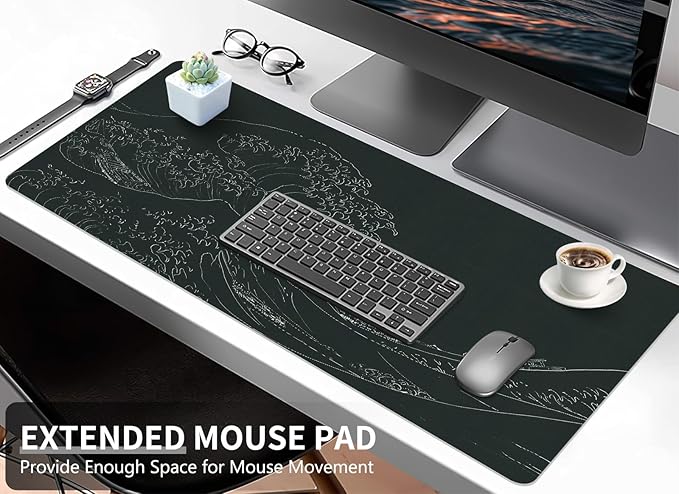Bloss Japanese Sea Wave Desks Mat,Anime Black Large Mouse pad,Kanagawa Gaming Desk Pad Mat,Desk Blotter Mat,Waterproof Computer Laptop Keyboard Desk Protector Mat for Office/Home/Gift,31.5" x 15.7"