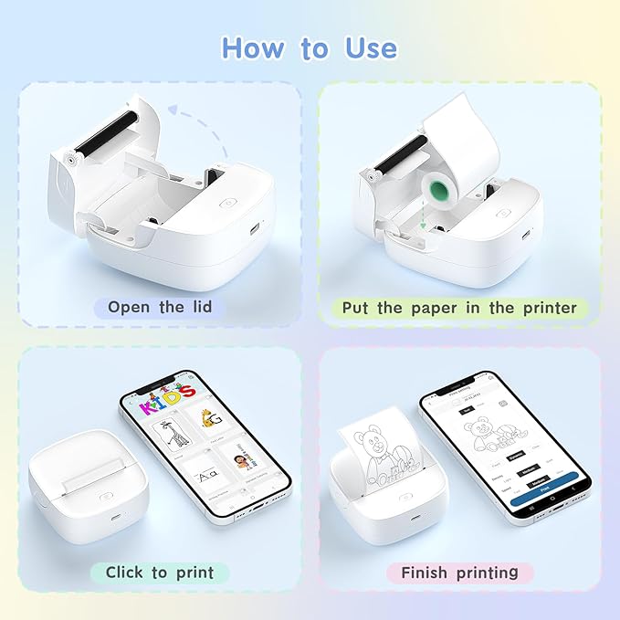 JD-23 Sticker Printer, Mini Portable Thermal Printer Print Pod, Inkless Bluetooth Label Maker with Smart App for Phone & Tablet for Office & Home Use, 2 Rolls Sticker Paper, White