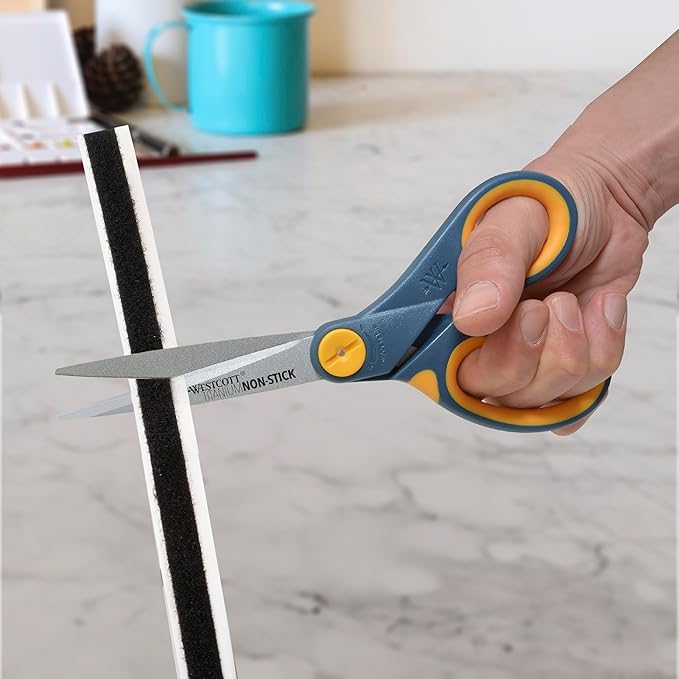 Westcott 8" Straight Titanium Bonded Non-Stick Scissors with Adjustable Glide Feature, Grey/Yellow (14849)