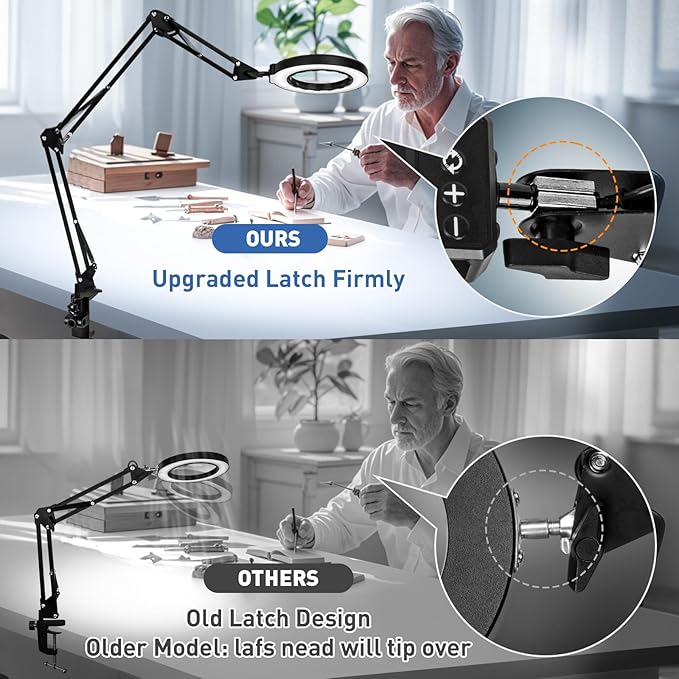 HITTI Ultra Long 12X Magnifying Glass with Light and Clamp, 5 Color Modes Steepless Dimming Desk Lamp, Swivel Arm Workbench Light, Hands Free Lighted Magnifier Stand for Craft Reading Soldering