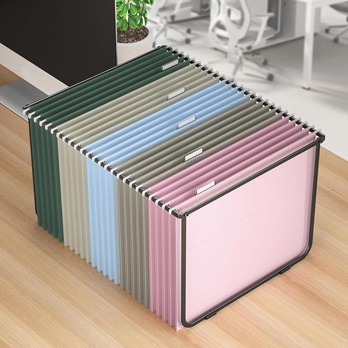 Hanging File Folders Letter Size, Metal File Frame with 25 Pcs Colored Hanging File Folders, 2'' Extension 1/5-Cut Tabs File Organizer Includes Hanging Folders for Desk Office Filing Cabinet