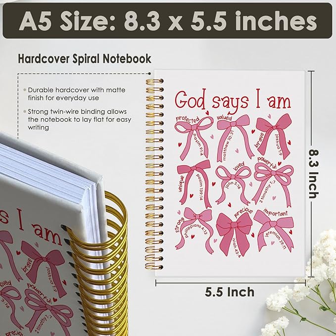 Bible Journal for Women, Christian Prayer Journal Pink Notebook Gifts for Teen Girls Kids, Bible Study Supplies, Coquette Preppy Bows Cute Church Faith Journaling Hardcover Spiral Notebook 5.5x8.3