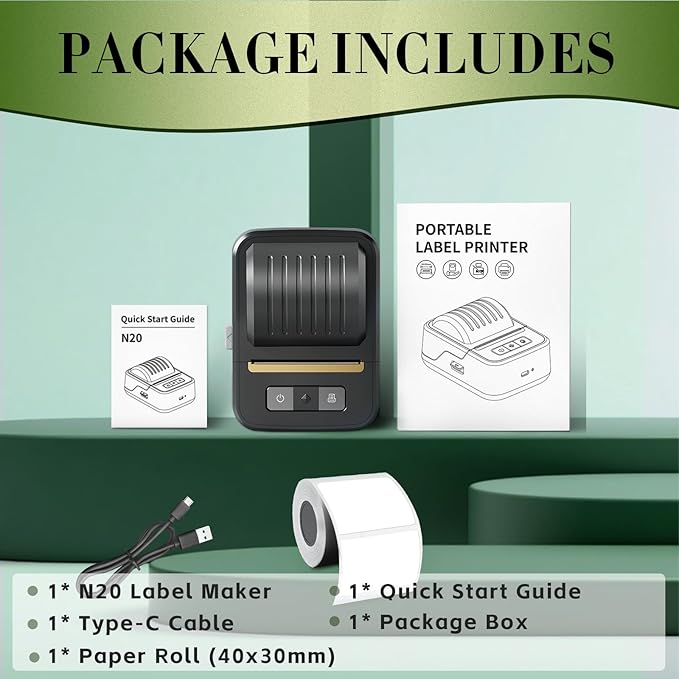 Label Maker Machine with Tape, 2 Inch Portable Bluetooth Label Makers, N20 Wireless Thermal Label Printer for Small Business, Office, Home, School, Barcode Address Logo Inkless Labeler for Phone