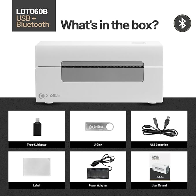 3nStar Direct Thermal Printer for Shipping Labels | 4x6 Product Labels | USB & Bluetooth | Wireless, Compact, Portable | Home & Business | LDT060B