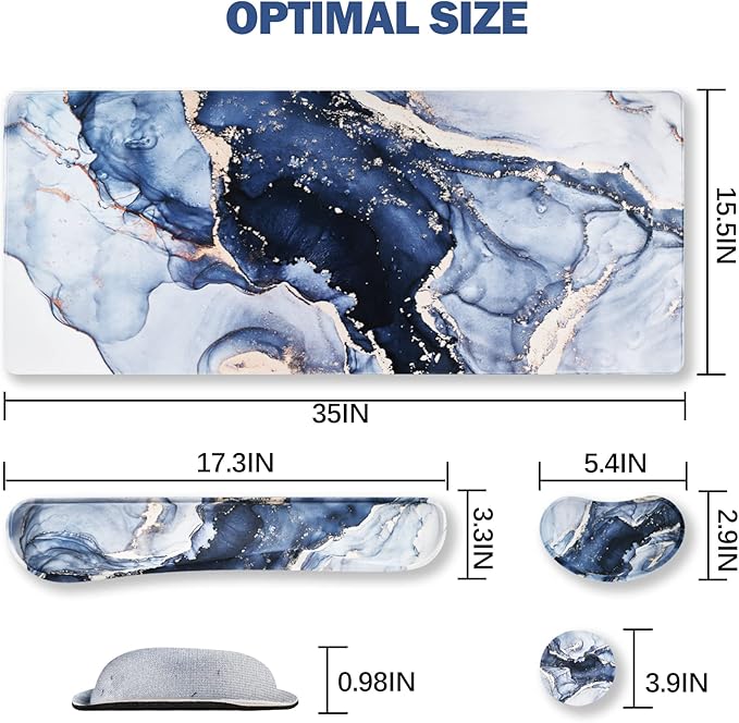 ARTSO Large Gaming Mouse Pad, Keyboard Wrist Rest Pad & Wrist Support Mousepad Set, Stitched Edge, Extended, Non-Slip Base, Memory Foam,Multifunctional Desk Mat 4pcs for Office & Home, Gilt Marble