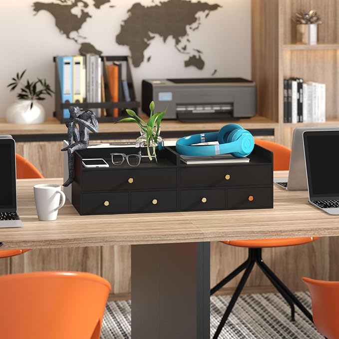 Bamboo Desk Organizer with Drawers Wooden Desktop Storage Organization Box for Bills Office Supplies Kitchen Utensils Organizing Tool for Home Classroom Vanity, No Assembly Required (3 Drawers, Black)