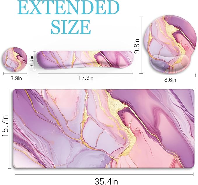 Marble Mouse Pad Set Large Desk Matt for Desktop, Ergonomic Mouse Pad with Wrist Rest for Gaming Wrist Support Keyboard Mat Cup Coaster Set Office Desk Decor Accessories