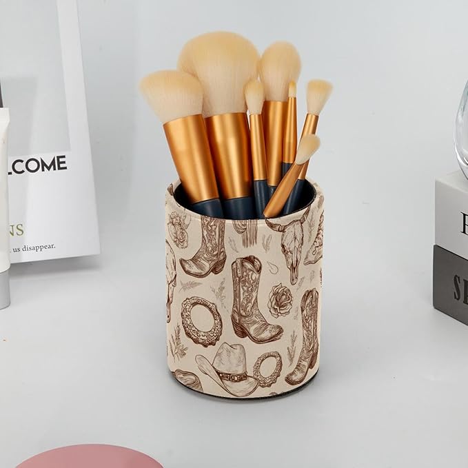 Western Cowboy Boots and Hats PVC Leather Circular Pencil Holder for Desk Organizer Stationery Holder for Office, School(3.9 x 3.1 Inches)