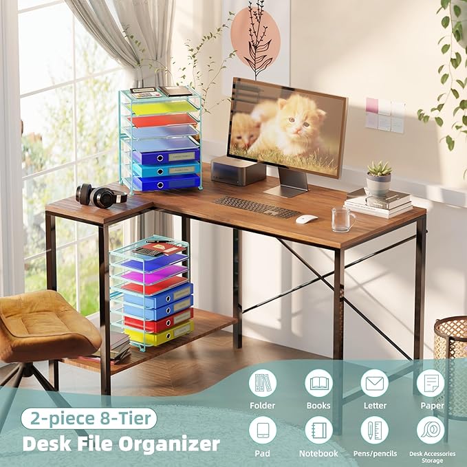 Simple Trending 2 Pack 8 Tier Letter Tray Paper - Mesh Desk File Organizer for Office School Desktop, Blue