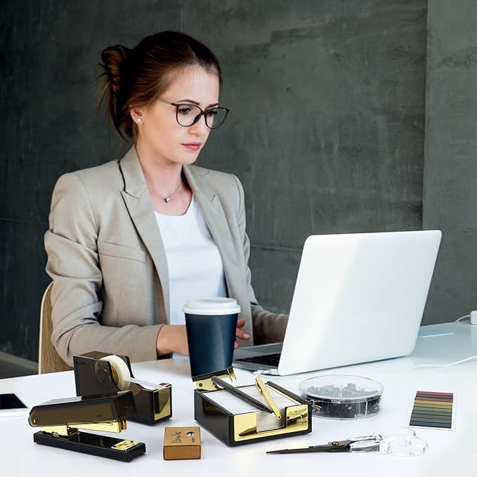 Buqoo Black Acrylic Sticky Notes Holder Stapler and Tape Dispenser Cutter with Staple Remover, Scissor, Ballpoint Pen, Sticky Notes, Paper Clips Set for School Home N Office Supplies