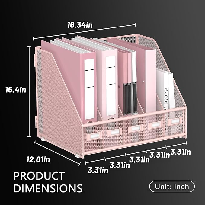 DALTACK Desk Organizers Metal Magazine File Holder with 5 Vertical Compartments Folder Storage Binder Organizer for Office Home School Organization, Pink Plus