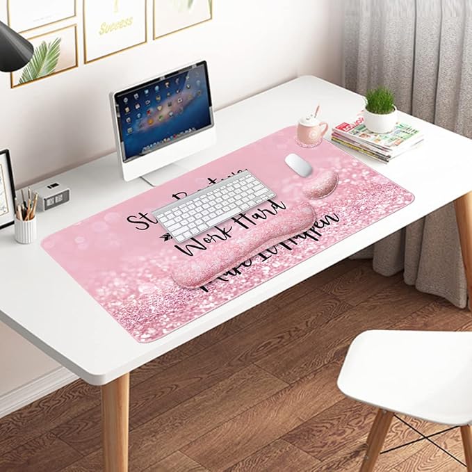 Large Mouse Pad and Keyboard Wrist Rest, Desk Pad for Keyboard and Mouse, 4-in-1 Large Gaming Mouse Pad with Wrist Support, Desk Mat for Home Office Study Game-Pink Stay Positive