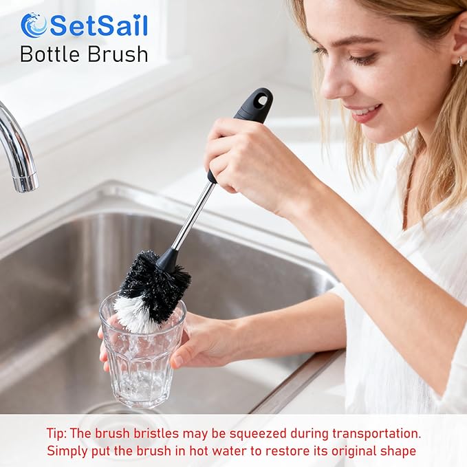 SetSail Bottle Brush of 3 Pack, 13-in Long Stainless Steel Handle Water Bottle Cleaner Brush Non-Slip Grip Bottle Brushes for Cleaning Water Bottles Sport Bottles Coffee Mugs Glasswares Cups, Black