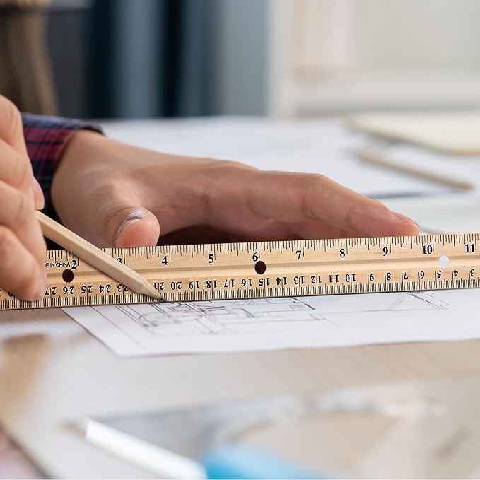144 Pack Wooden Ruler 12 Inch (30cm) Bulk Wood Measuring Ruler Straight Metal Edge with 4 Holes for School Office Drafting Classroom Supplies, 2 Scale