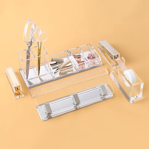 Acrylic and Silver Standard 3 Hole Punch,10 Sheet Capacity, Desktop Hole Puncher 3 Ring, Office Desktop Accessory, Clear/(Silver)