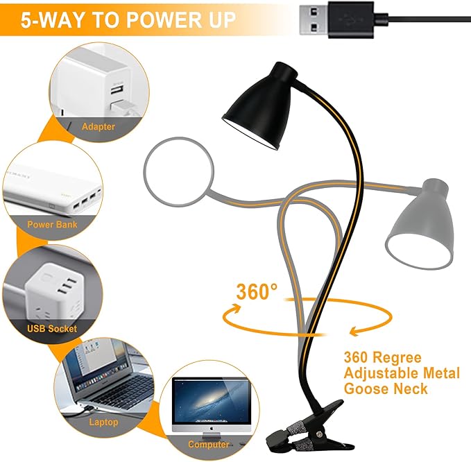 BOHON Desk Lamp 5 Color Modes 10 Brightness Dimmer Reading Light 10W 38 LED Clamp Lamp with Auto Off Timer 360° Flexible Gooseneck Clip on Light for Bed Bedside, AC Adapter Include
