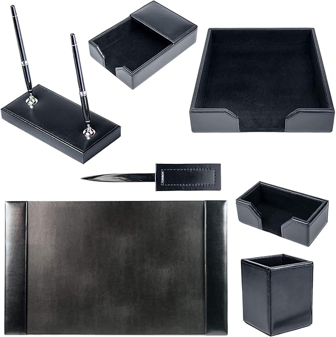 Dacasso Bonded Set Luxury Leather Desk Pad & Desk Organization Essentials, 7 Piece, Black