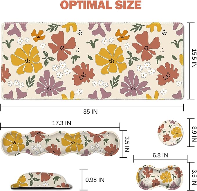 ARTSO Gaming Mouse Pad Wrist Support Set,Cute Flower Desk Mat+Mouse Pad with Wrist Rest +Keyboard Wrist Pad+Coaster,4-in-1 Mousepad Ergonomic Design for Home Office Game