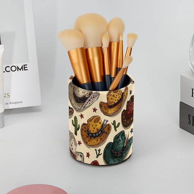 1 Pack Western Cowboy Hat Circular Pen & Pencil Holder - Durable PU Leather Pencil Cup, Desk Accessories Organizer for Office Desk School Home