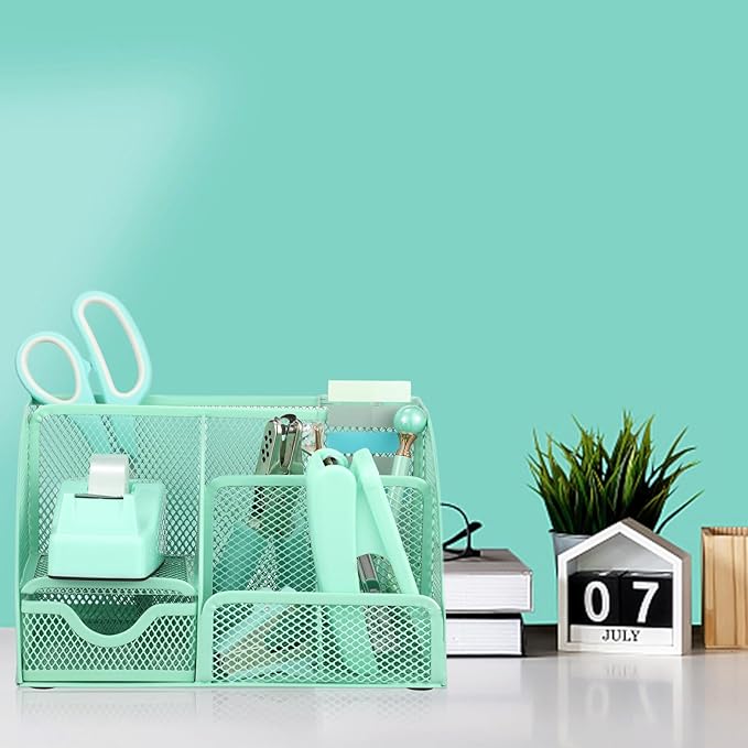 Green Desk Organizers and Accessories, Teal Office Supplies Set Green Mesh Desk Organizer, Stapler, Tape Dispenser, 1000 Staples, Staple Remover, Pen Holder, Clips Set, Ruler, Scissors