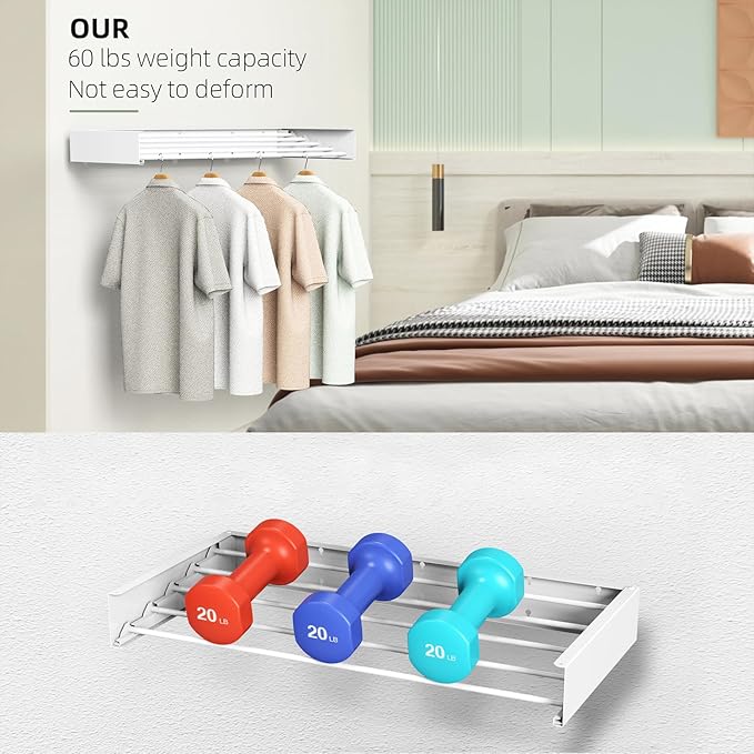 Laundry Drying Rack Collapsible, Wall Mounted Clothes Drying Rack Wall, Space Saving Drying Rack for Laundry, 19.8" Wide, 3 Aluminum Rods, 50 lb Capacity