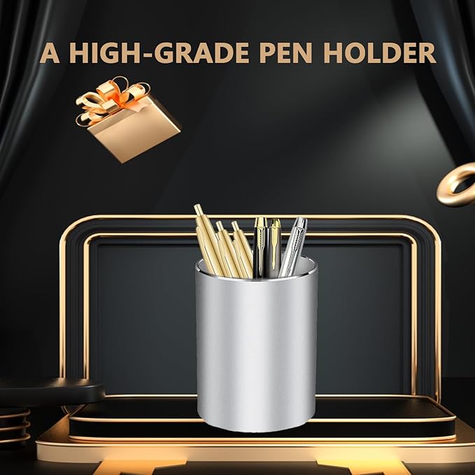 Pen Holder for Desk,Metal Aluminum Pencil Holder, for Pen Organizer for Desk, School, Home and Stationary Supplies, Advanced sense Pen Holder Non-Slip Silicone Bottom Round Silver Pencil Cup (Silver)