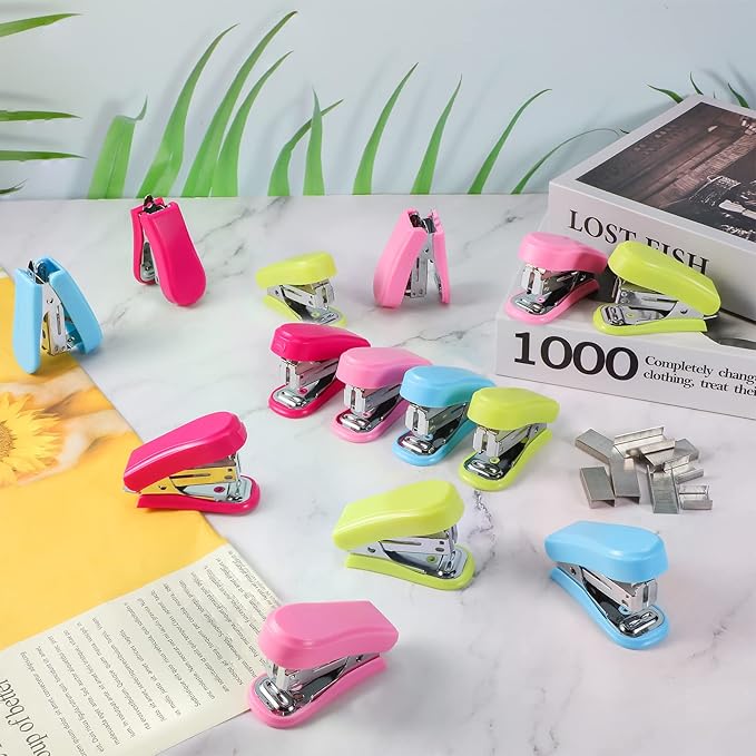Ctosree 12 Pcs Mini Stapler Bulk with Boxes Staples Pink Small Staplers Set Built in Staple Remover, Cute Hand Held Desk Gifts for Back to School Office Supplies, 3 Colors